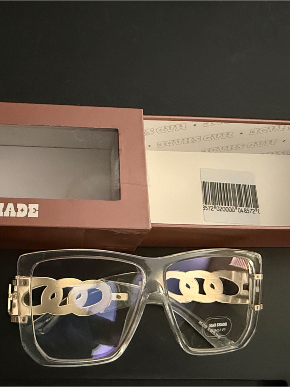 Mad Shade Clear Frame Sunglasses with Gold Chain Accent